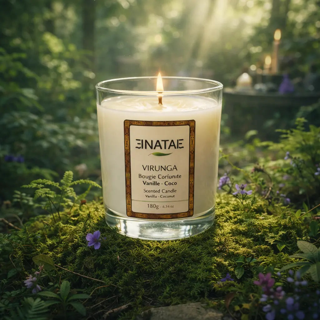 Bougie artisanale Enatae Virunga vanille-coco de 180g dans son verre, allumée sur un socle de mousse sauvage.