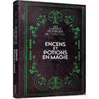 Couverture noire texturée avec ornements verts du livre Encens et Potions en Magie