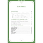Page du sommaire du livre Encens et Potions en Magie, listant les chapitres sur la magie des plantes et la fabrication de potions avec une typographie verte et des ornements d'angle.