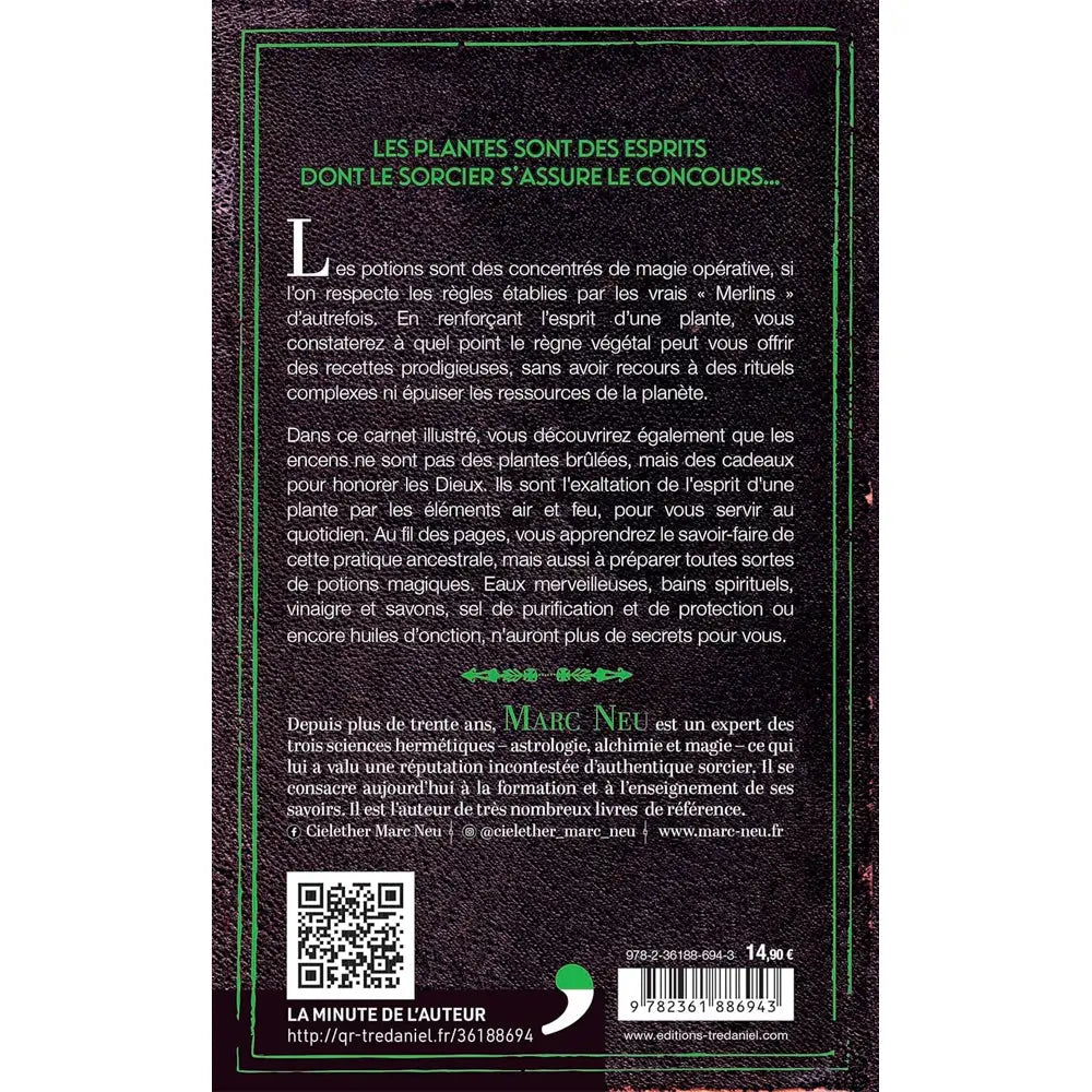 Quatrième de couverture du livre Encens et Potions en Magie avec texte et ornements verts sur fond noir texturé.