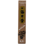 Boîte marron d'encens japonais Morning Star parfum Frankincense de Nippon Kodo, contenant 50 bâtonnets et un support.