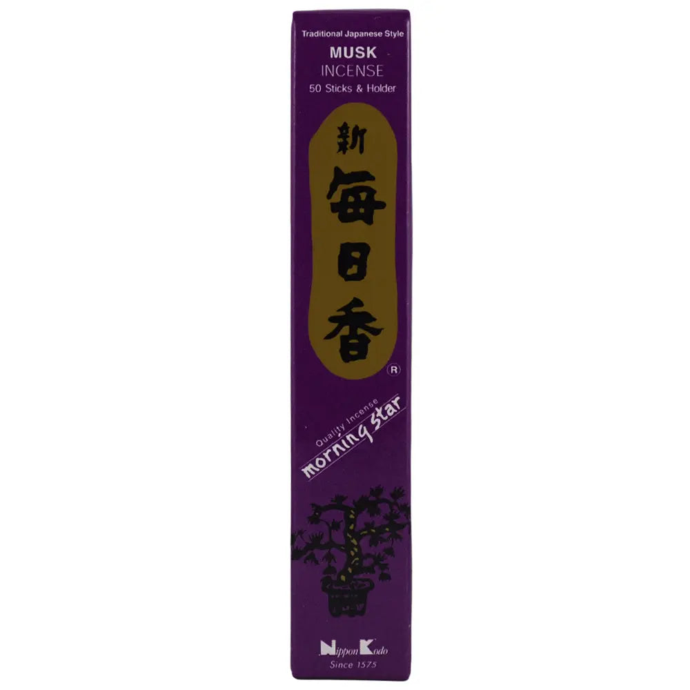 Boîte violette d'encens japonais Morning Star parfum Musk de Nippon Kodo, contenant 50 bâtonnets et un support.