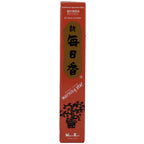Boîte rouge d'encens japonais Morning Star parfum Myrrhe de Nippon Kodo, contenant 50 bâtonnets et un support.