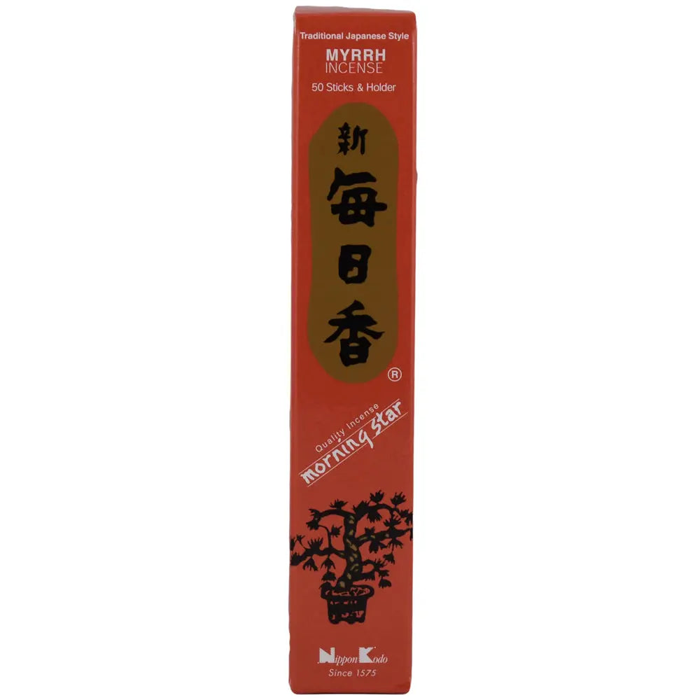 Boîte rouge d'encens japonais Morning Star parfum Myrrhe de Nippon Kodo, contenant 50 bâtonnets et un support.