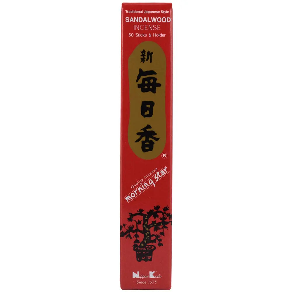 Boîte rouge d'encens japonais Morning Star parfum Santal de Nippon Kodo, contenant 50 bâtonnets et un support.