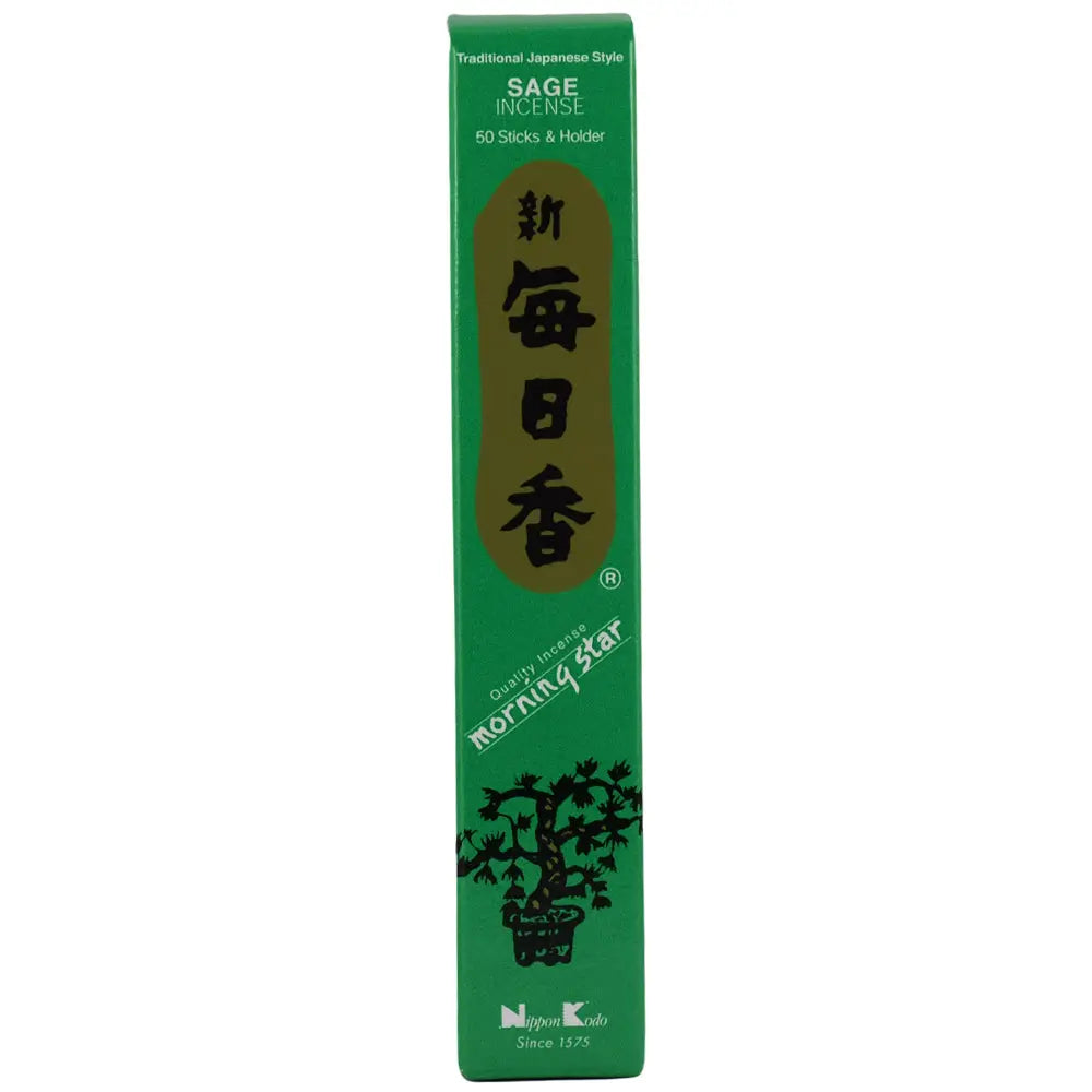 Boîte verte d'encens japonais Morning Star parfum Sauge de Nippon Kodo, contenant 50 bâtonnets et un support.