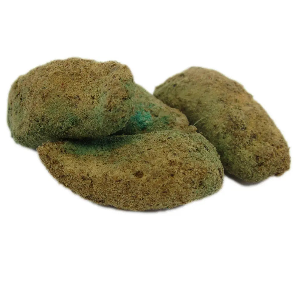 Trois cônes d’encens vert-brun à texture poudreuse, présentés sur fond blanc.