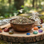 Bol en cuivre gravé rempli de mélange d’encens 7 chakras, posé sur une rondelle de bois avec sauge, sachet en toile et pierres colorées en forêt.