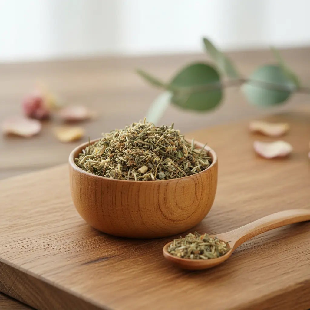 Mélange de plantes séchées et résines d'encens amérindien présenté dans un bol en bois naturel sur une table avec une cuillère en bois et des feuilles d'eucalyptus.