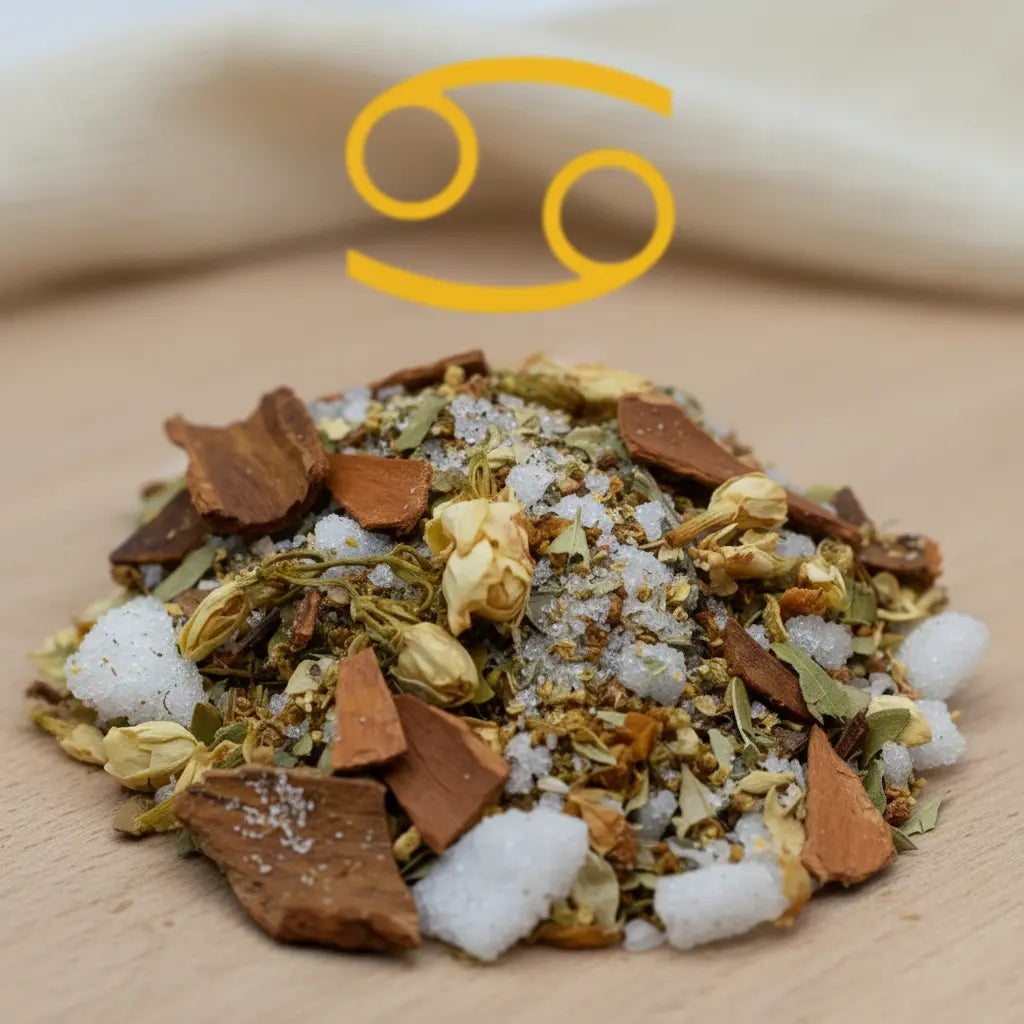 Gros plan sur un encens astrologique Cancer, mélange de sels minéraux, copeaux de bois et petites fleurs séchées sur fond en bois clair.