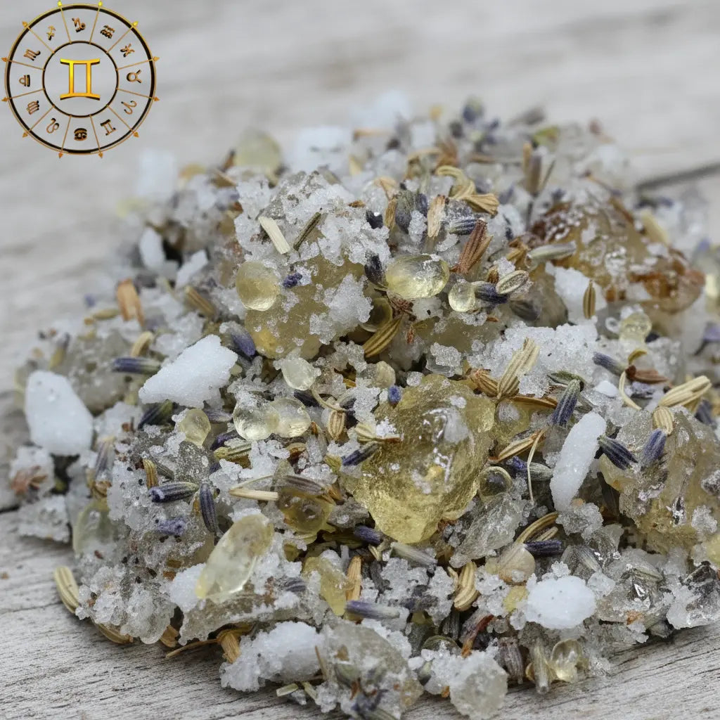 Gros plan sur un encens astrologique Gémeaux, mélange de sels, résines dorées et fleurs de lavande séchées sur fond bois clair.