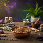 Bol en cuivre rempli d’encens astrologique Scorpion, posé sur une table en bois avec herbes, lavande, mortier et symbole zodiacal du Scorpion en arrière-plan.