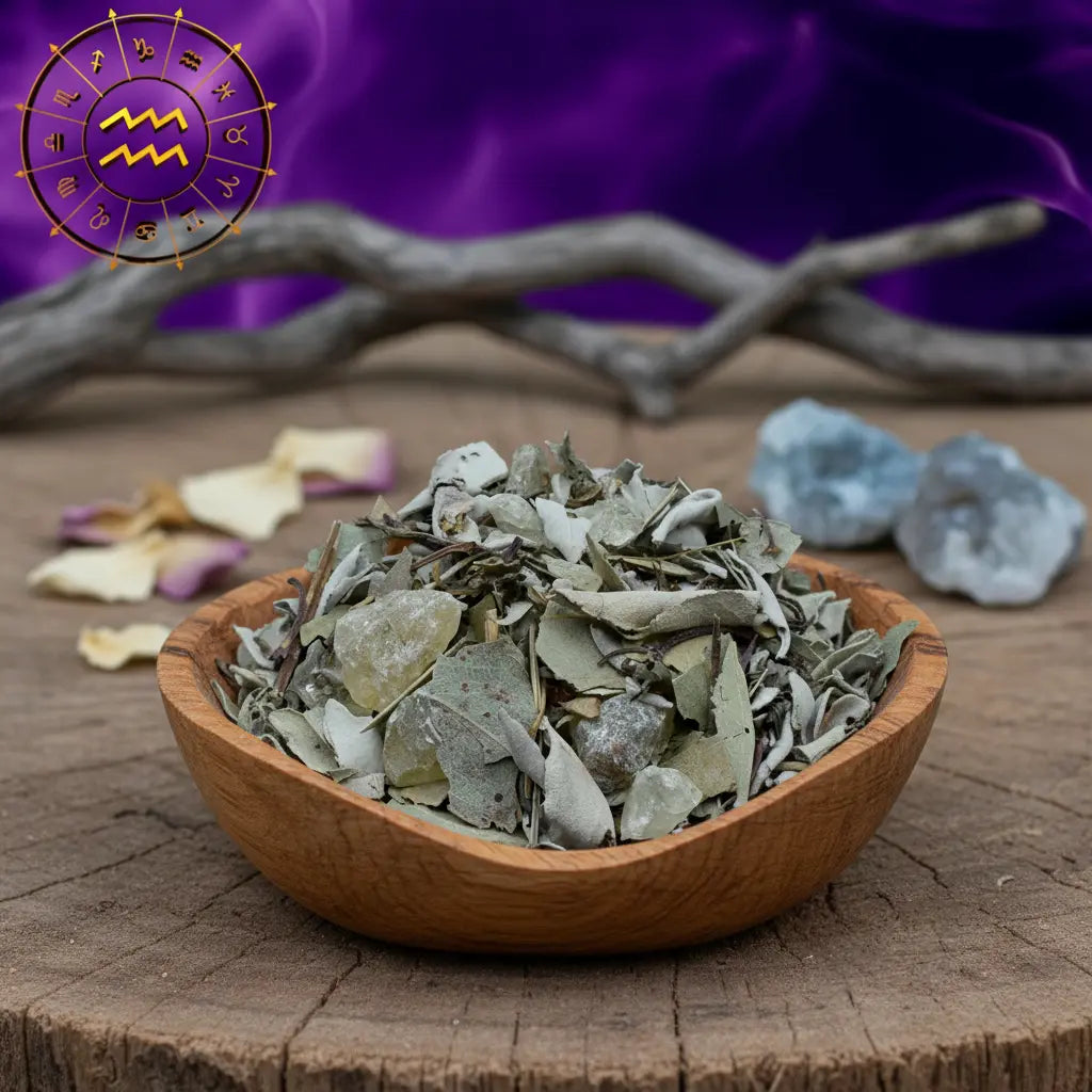 Bol en bois rempli d’encens astrologique Verseau à base de sauge et résine, posé sur une souche de bois avec fond violet mystique.