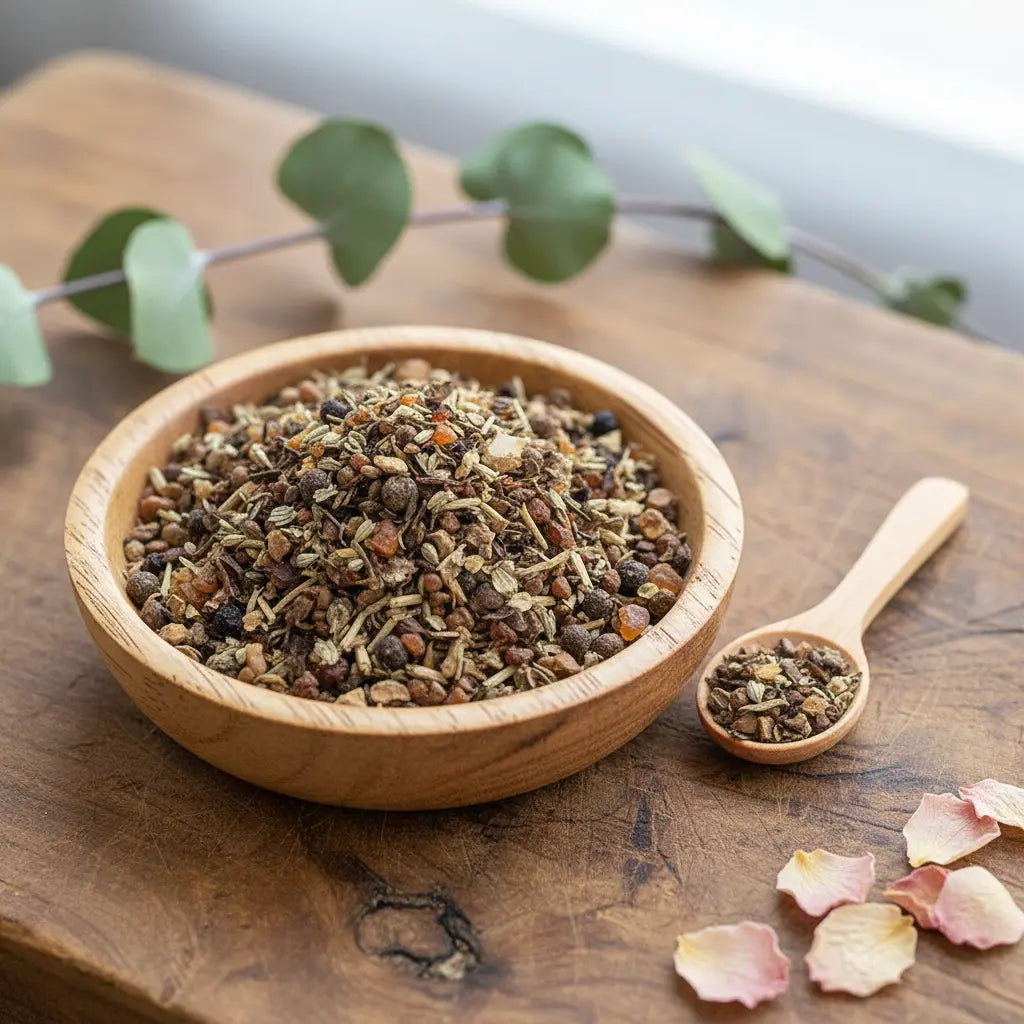Mélange de résines et de plantes séchées pour la bénédiction, présenté dans un bol en bois clair avec une petite cuillère assortie sur un support boisé.