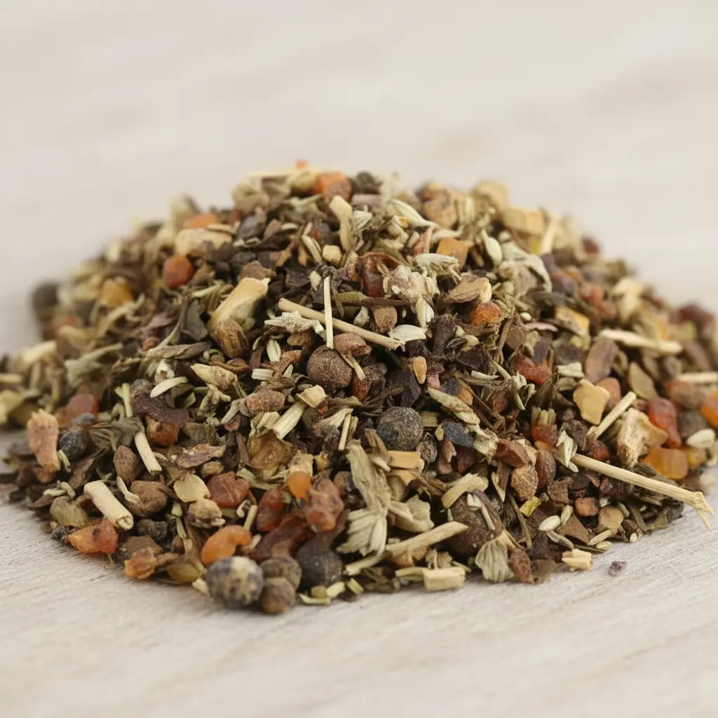 Mélange d'encens Bénédiction composé de résines en grains, morceaux d'écorces et herbes aromatiques.
