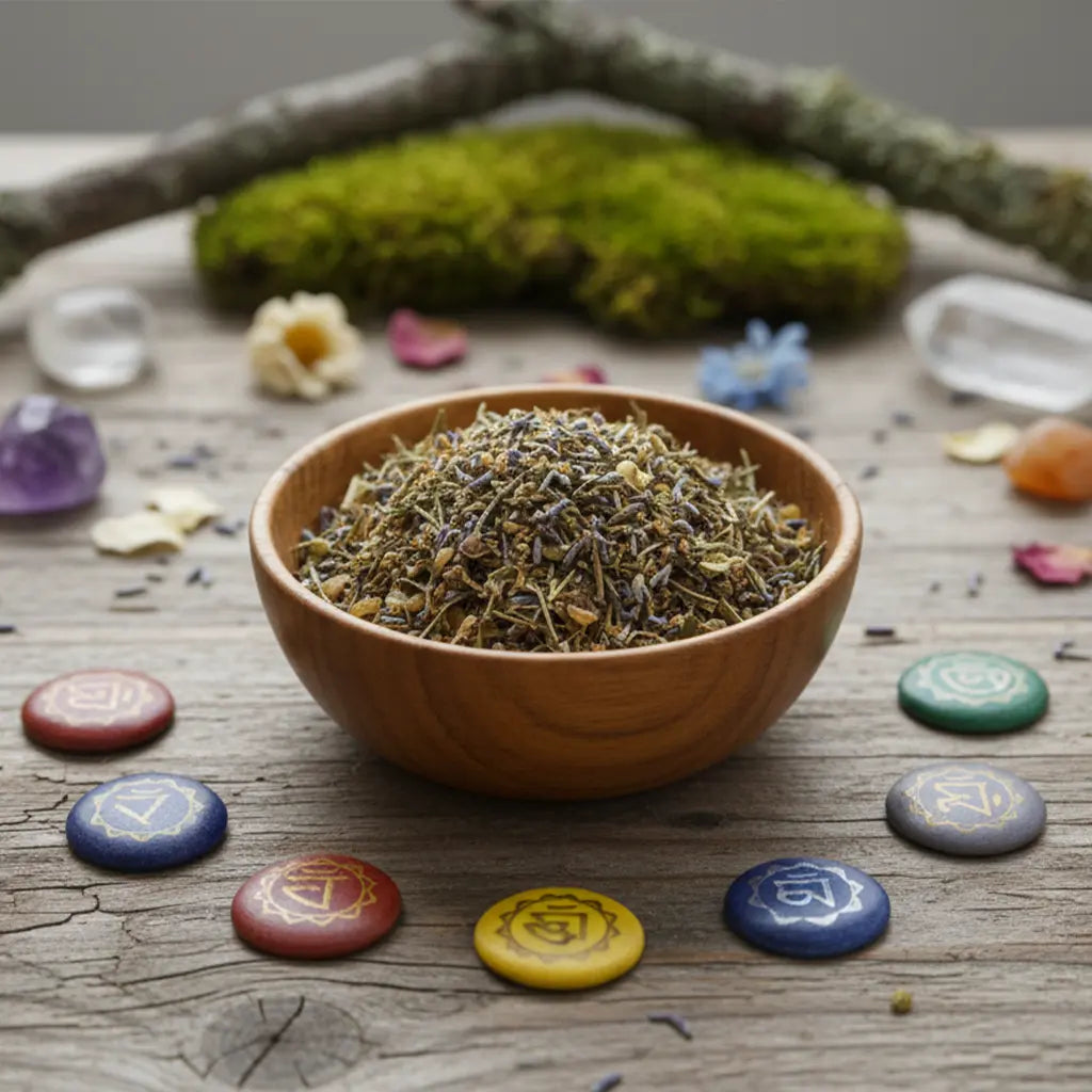 Bol en bois rempli de mélange d’encens aux herbes et lavande, entouré de pierres de chakras colorées sur une table en bois.