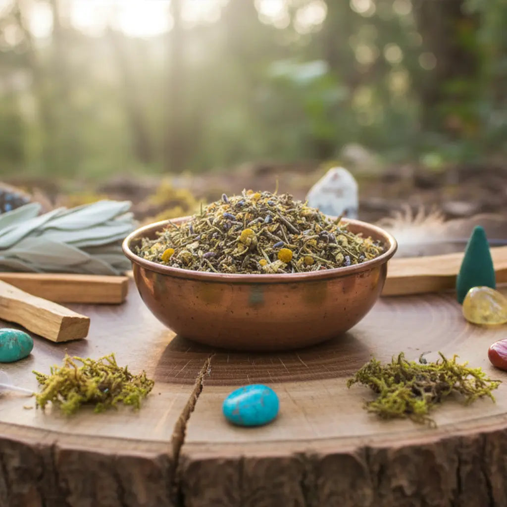 Bol en cuivre rempli de mélange d’encens aux herbes, posé sur une tranche de bois avec pierres, mousse et sauge dans un décor de forêt.
