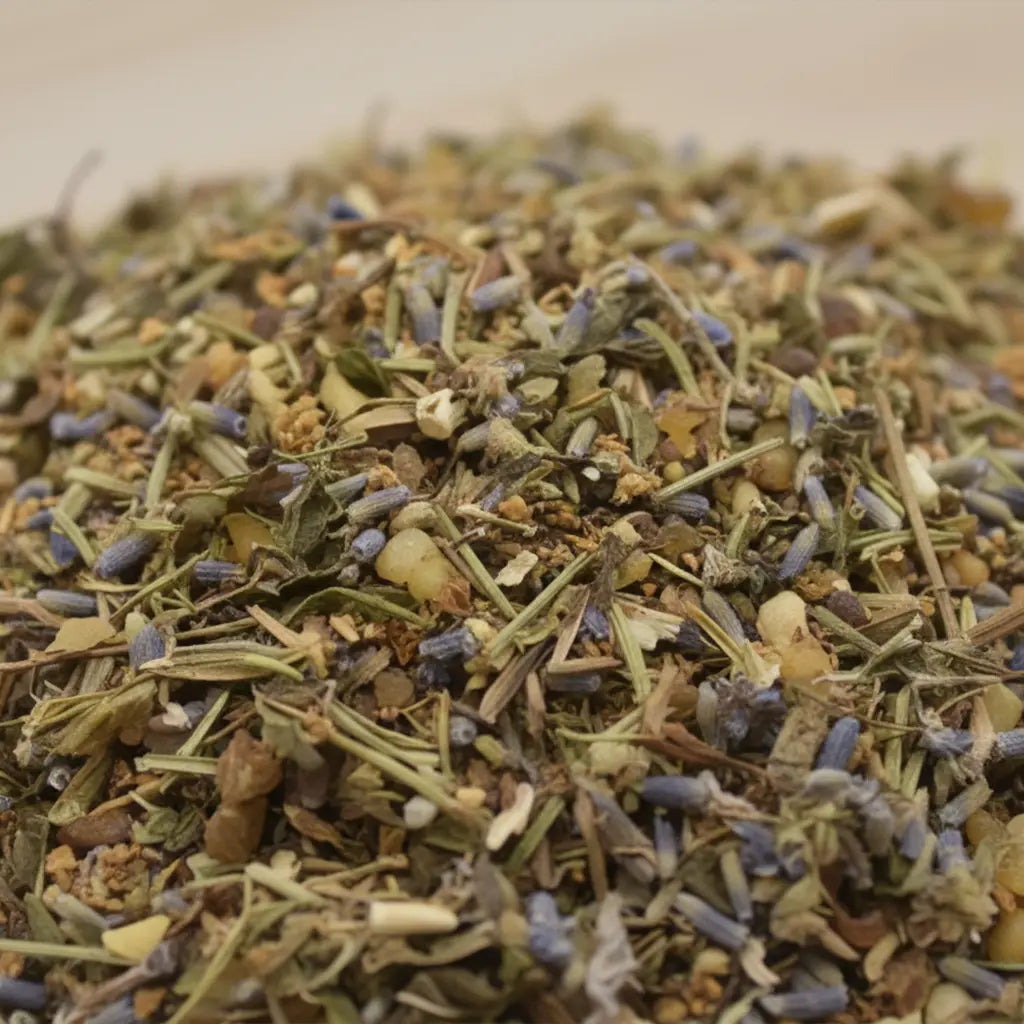 Gros plan sur un mélange d’encens aux herbes, grains de résine et petites fleurs violettes séchées.