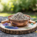 Bol en cuivre rempli de mélange d’encens aux herbes, posé sur une rondelle de bois avec plume bleue, cristaux et bâtons de bois en extérieur.