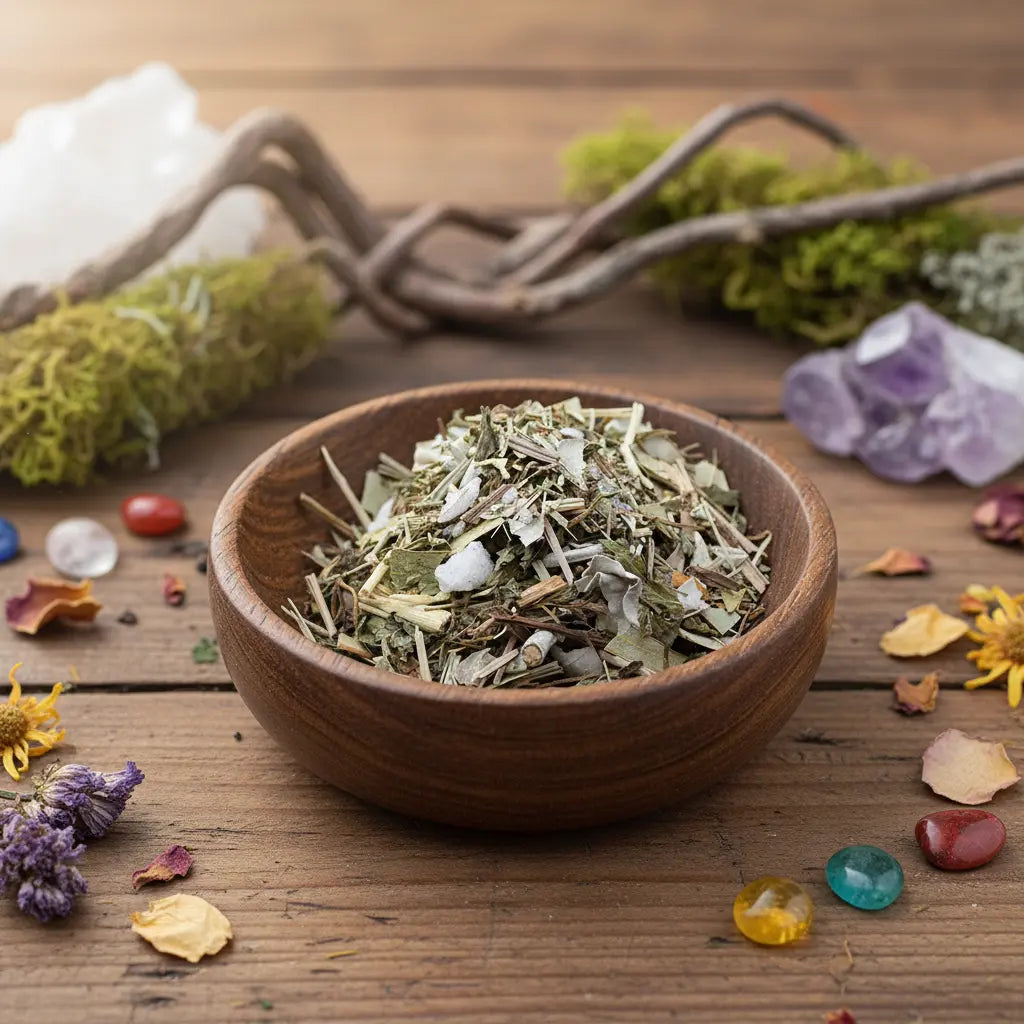 Bol en bois rempli de mélange d’encens aux herbes, entouré de cristaux, mousse et fleurs séchées sur une table en bois.