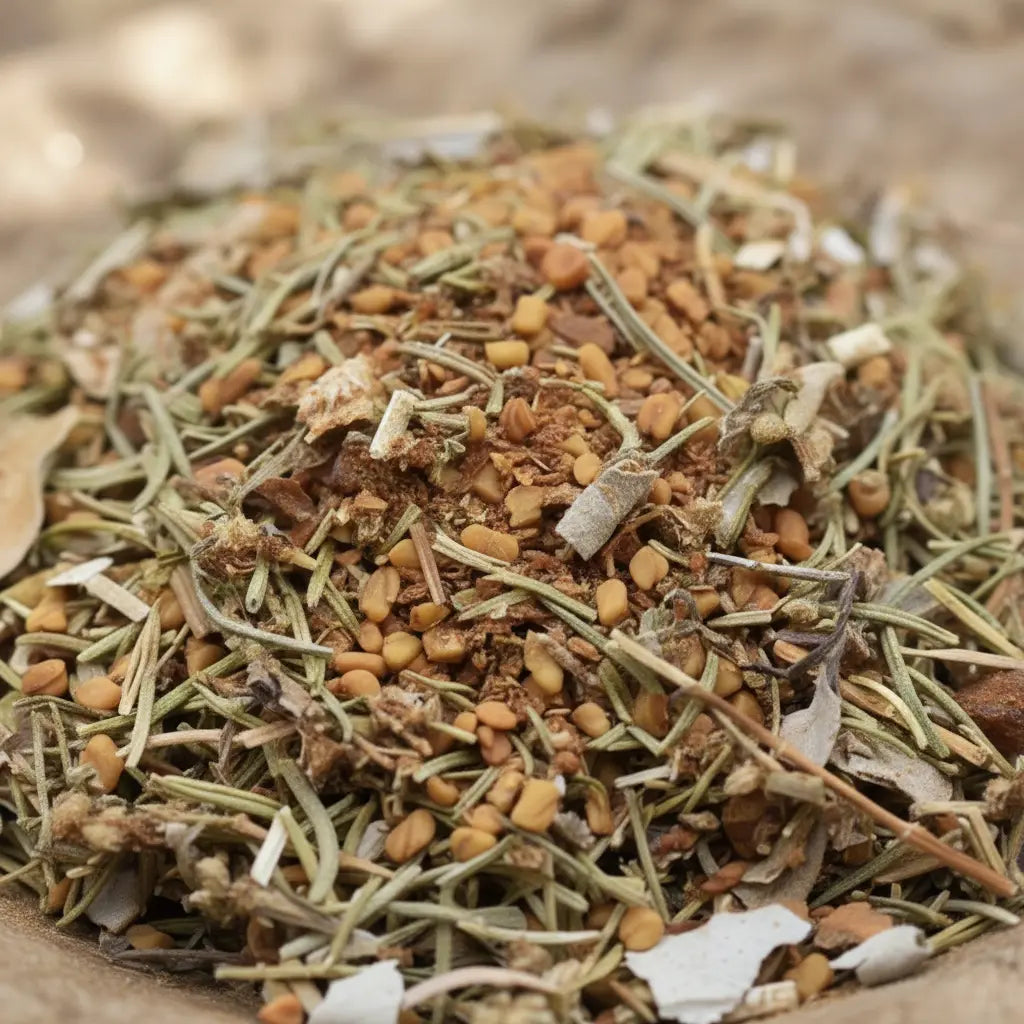 Gros plan sur un mélange d’encens pour le chakra racine, composé d’herbes séchées et de petites graines dorées.