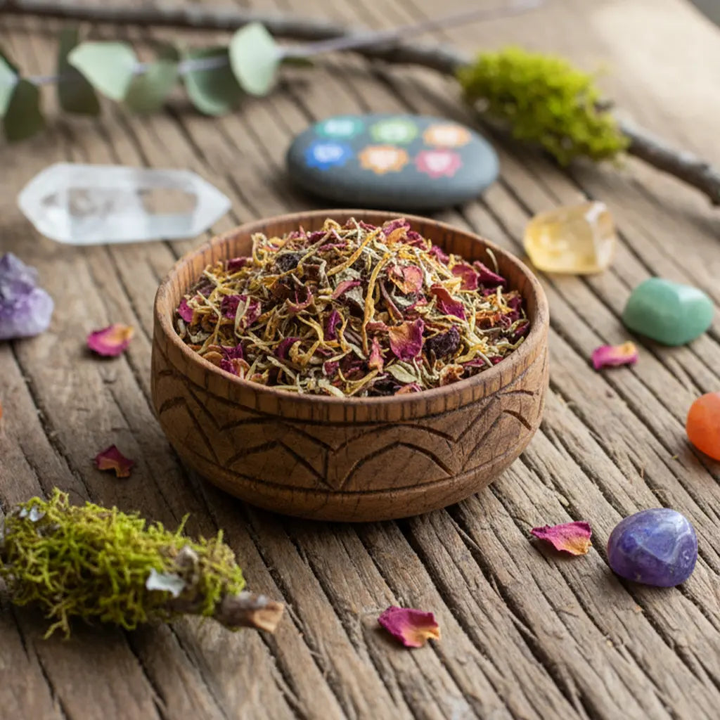 Bol en bois gravé rempli de mélange d’encens pour le chakra sacré, avec herbes et pétales colorés, posé sur une table en bois entourée de cristaux.