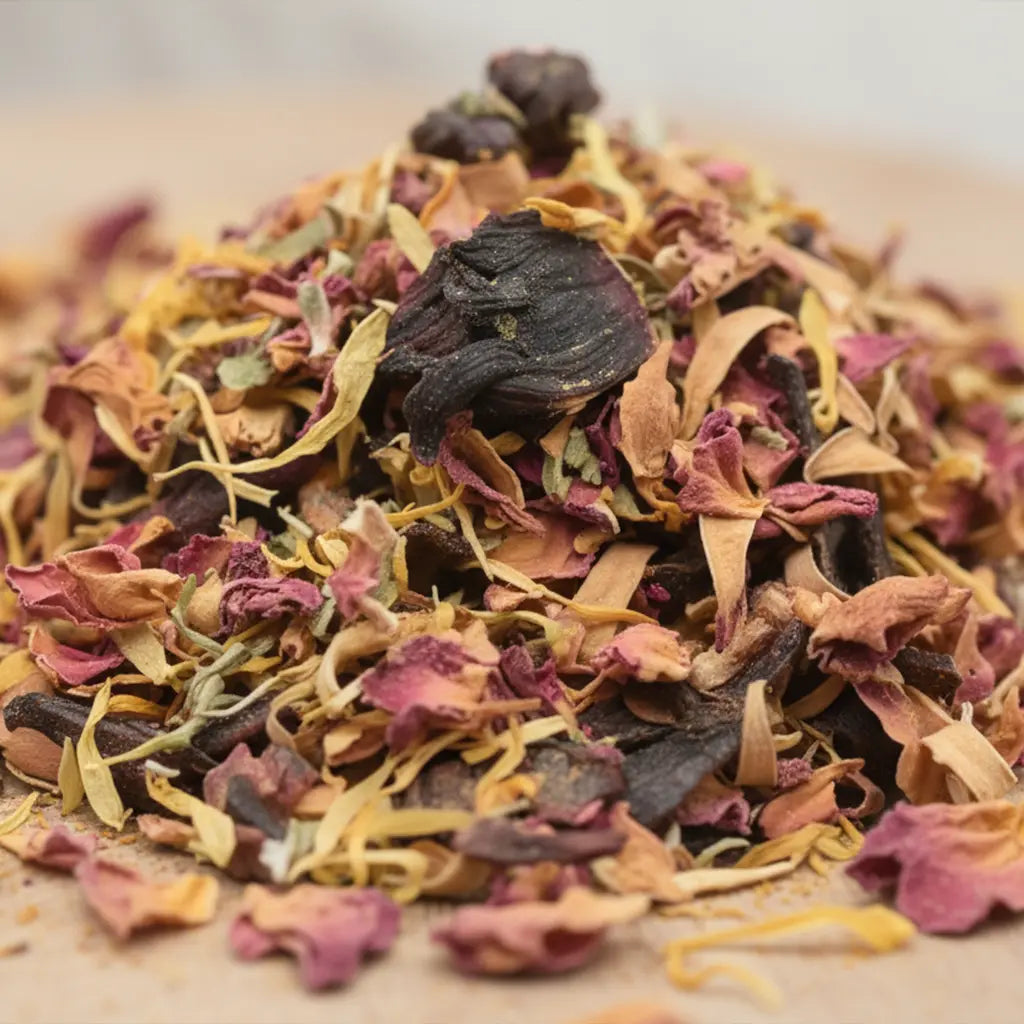 Gros plan sur un mélange d’encens pour le chakra sacré, composé de pétales séchés colorés et de morceaux de fleurs foncés.