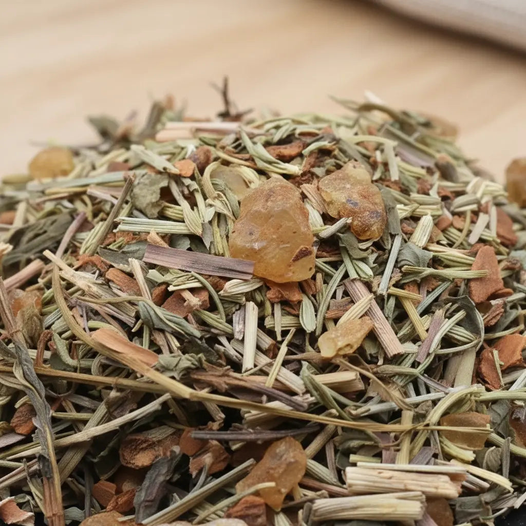 Gros plan sur un mélange d’encens aux herbes séchées et grains de résine jaune.
