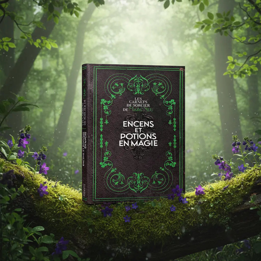 Livre à l'aspect grimoire sombre et vert Encens et Potions en Magie de Marc Neu posé sur une branche moussue en forêt.