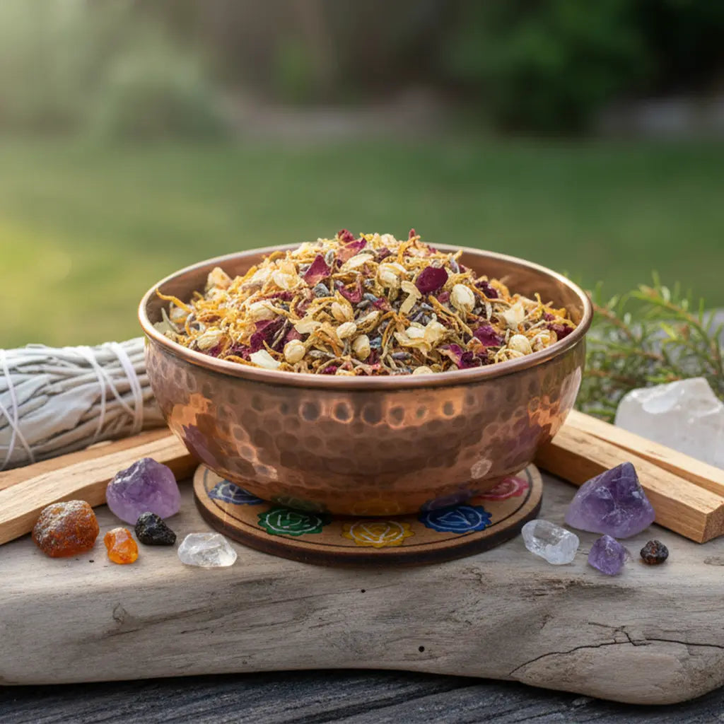 Bol en cuivre rempli de mélange d’encens floral, entouré de sauge blanche, cristaux et pierres sur une planche de bois en extérieur.