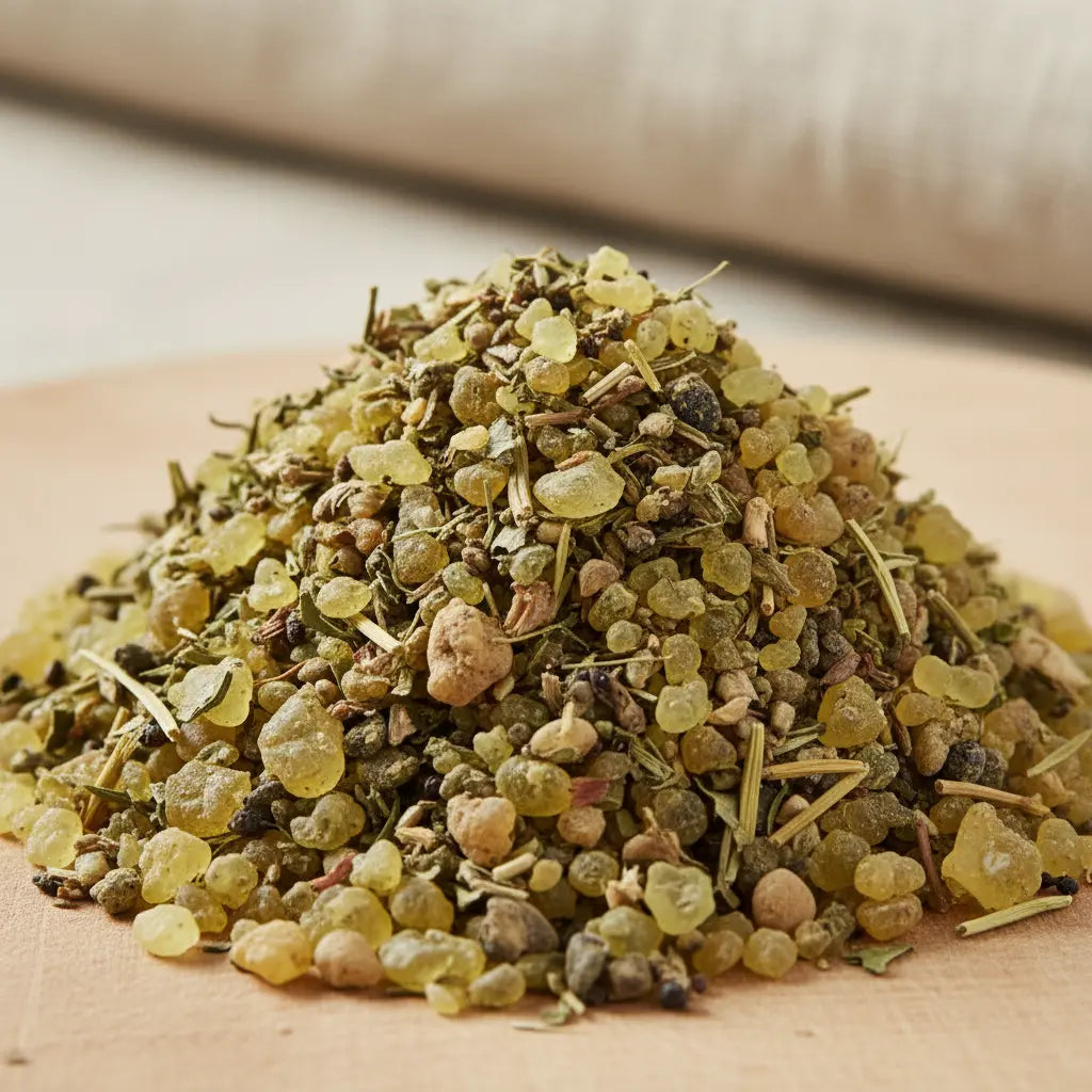 Mélange d'encens Guérison composé de gros grains de résine translucide et de plantes séchées broyées.