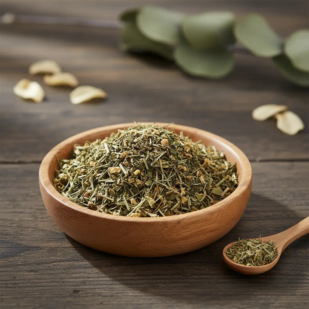Mélange de plantes séchées vert clair et de résines pour la joie de vivre dans un bol en bois, avec une cuillère assortie sur une table sombre et quelques feuilles d'eucalyptus.