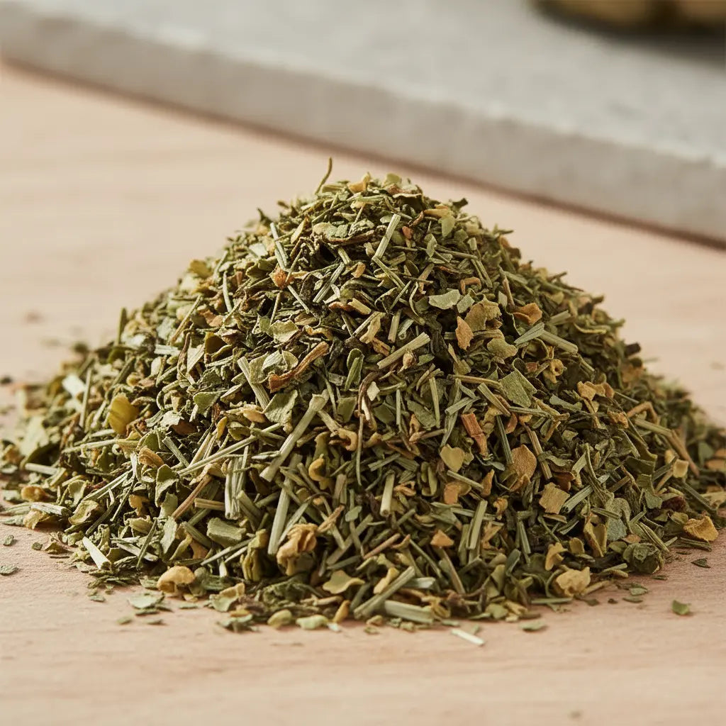 Mélange d'encens Joie de vivre composé de fines herbes vertes et de résines broyées en gros plan.