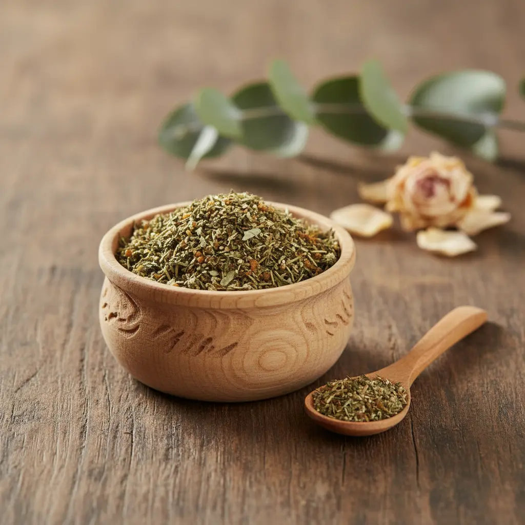 Mélange de plantes séchées et résines de l'encens Mère Nature dans un bol en bois sculpté, avec une cuillère en bois et des feuilles d'eucalyptus sur une table rustique.