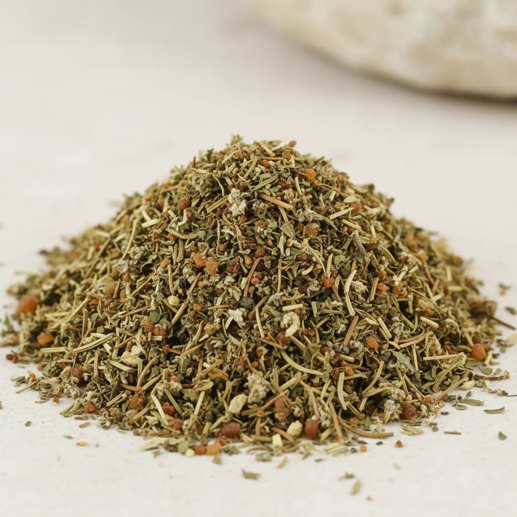 Mélange d'encens Mère Nature composé de fines herbes séchées et de petits grains de résine naturelle.