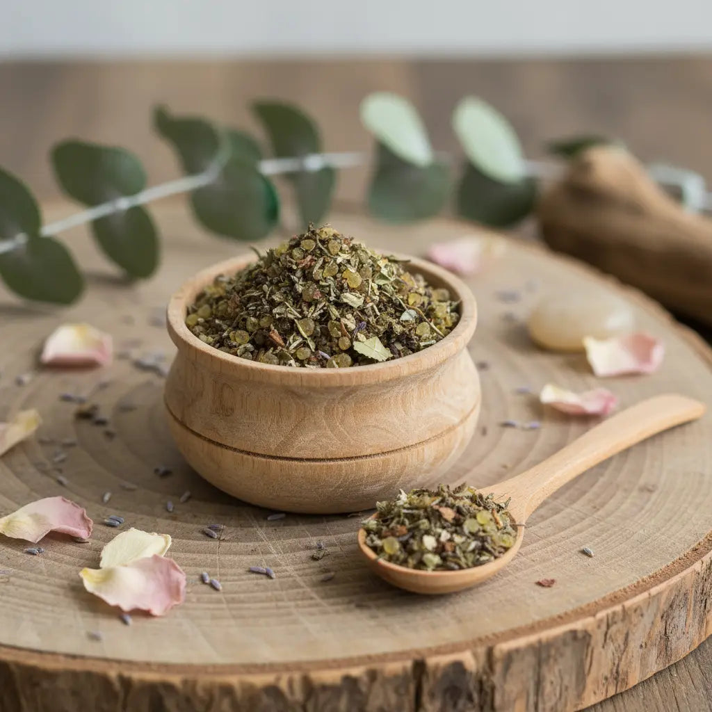 Mélange de résines de mastix et d'anis étoilé pour l'oracle dans un bol en bois sur une tranche de bois, avec une cuillère, des feuilles d'eucalyptus et des pétales de rose.