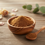 Coupelle en bois remplie de poudre d’encens ambre patchouli brune avec cuillère sur table en bois.