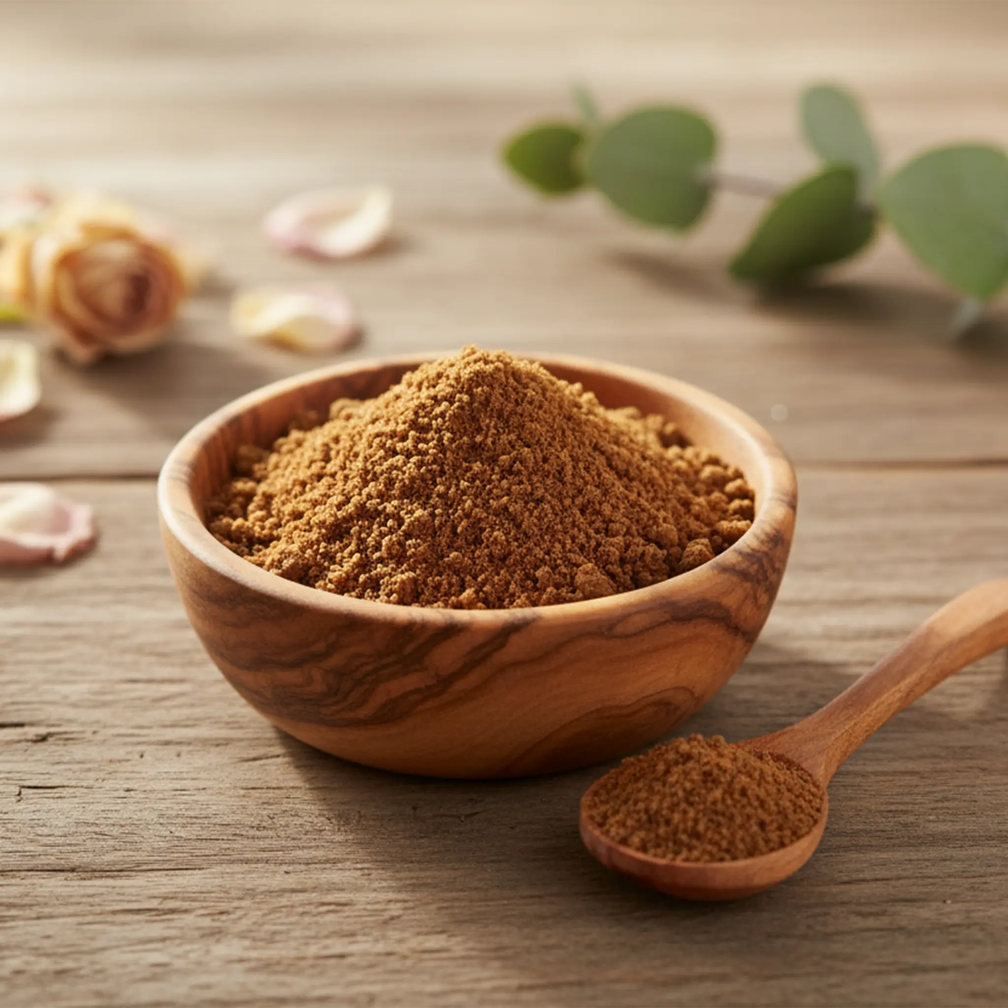 Coupelle en bois remplie de poudre d’encens ambre patchouli brune avec cuillère sur table en bois.