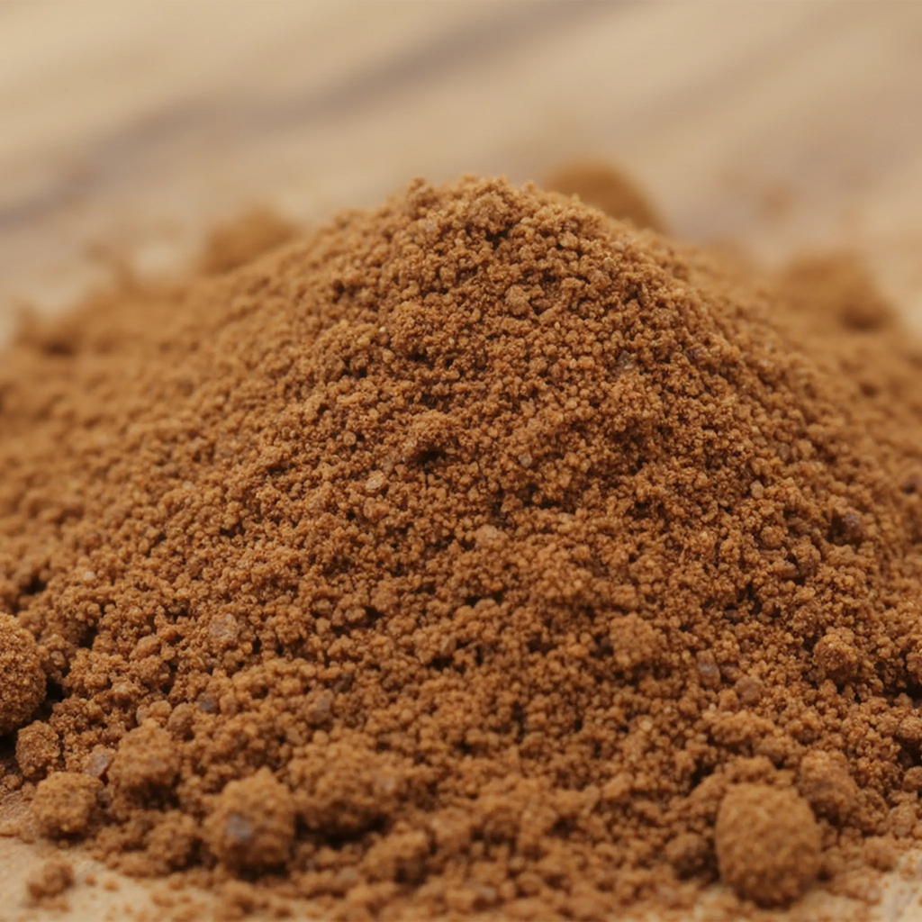 Tas de poudre d’encens ambre patchouli brun, texture fine et légèrement granuleuse, sur surface en bois.