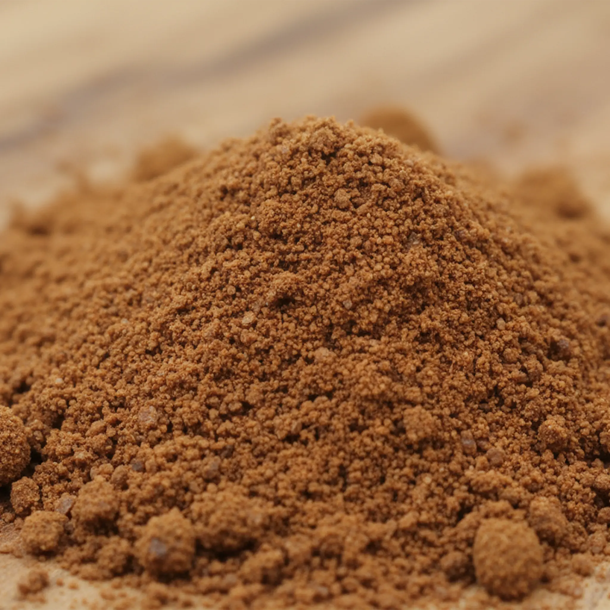 Tas de poudre d’encens ambre patchouli brun, texture fine et légèrement granuleuse, sur surface en bois.