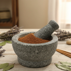 Mortier en pierre rempli de poudre d’encens ambre patchouli brune avec pilon sur table en bois décorée de lavande.