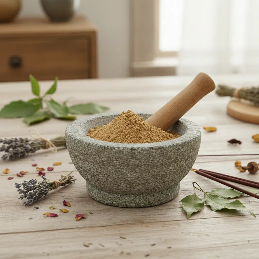 Mortier en pierre rempli de poudre d’encens nag champa beige avec pilon sur table en bois décorée de lavande et pétales.