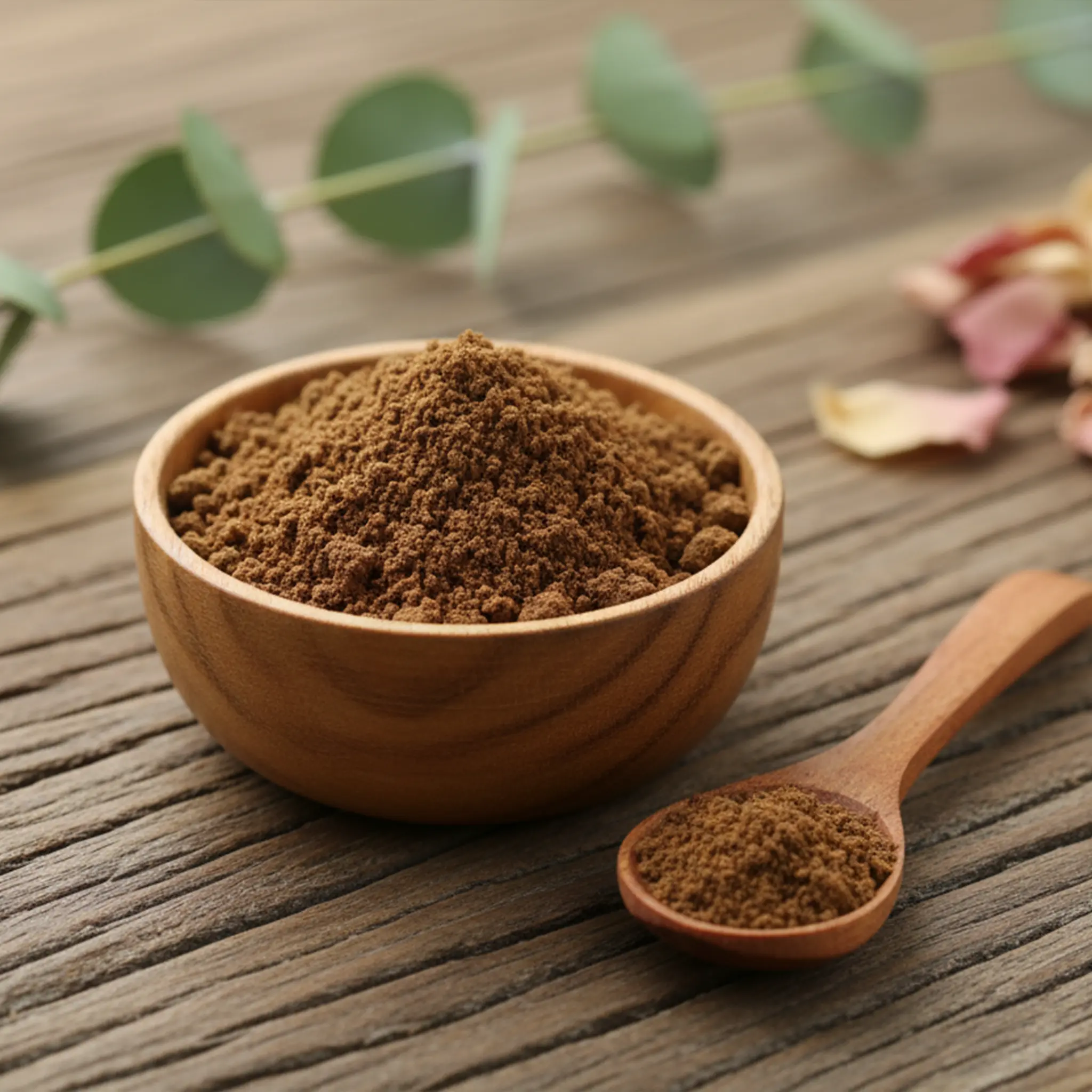 Coupelle en bois remplie de poudre d’encens nard de l’Himalaya brune et fine avec cuillère sur table en bois.