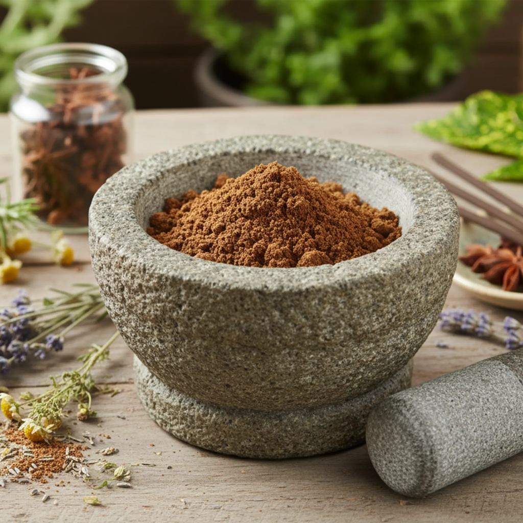 Mortier en pierre rempli de poudre d’encens nard de l’Himalaya brun à texture fine sur table en bois avec herbes séchées.