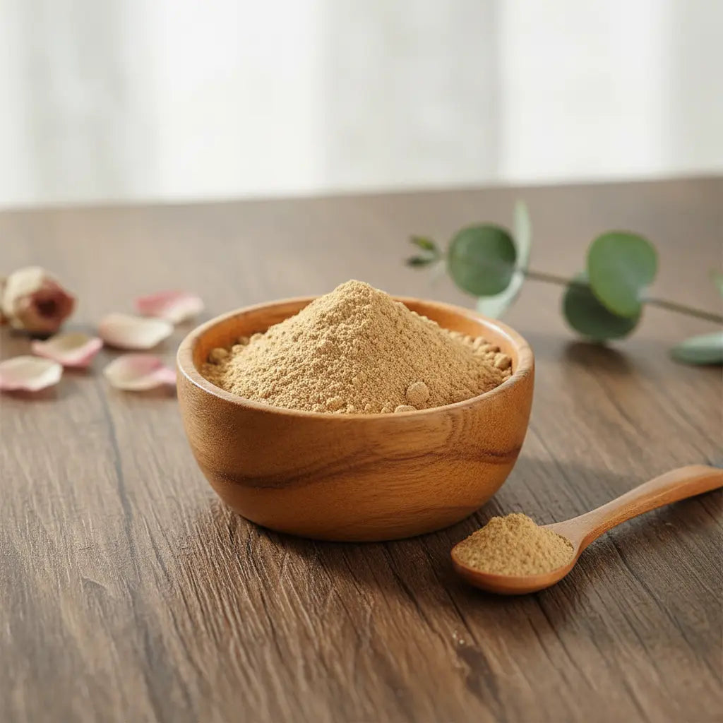 Coupelle en bois remplie de poudre de santal blanc beige avec cuillère sur table.