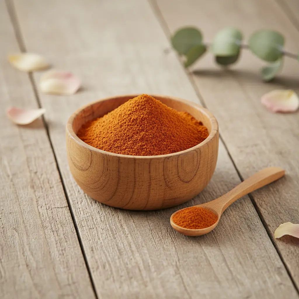 Coupelle en bois remplie de poudre de santal rouge orangé fine avec cuillère sur table en bois.