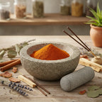 Mortier en pierre rempli de poudre de santal rouge orangé fine sur table en bois avec bâtons d’encens et plantes sèches.