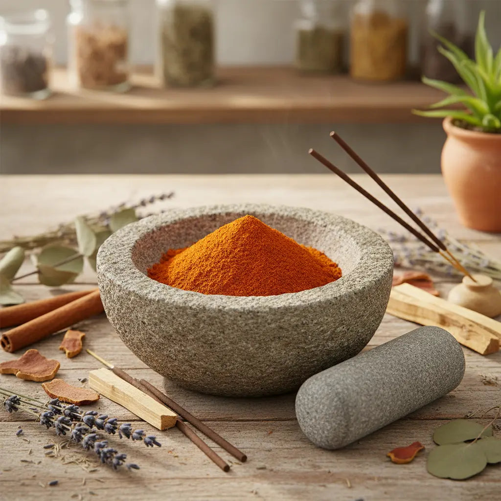 Mortier en pierre rempli de poudre de santal rouge orangé fine sur table en bois avec bâtons d’encens et plantes sèches.