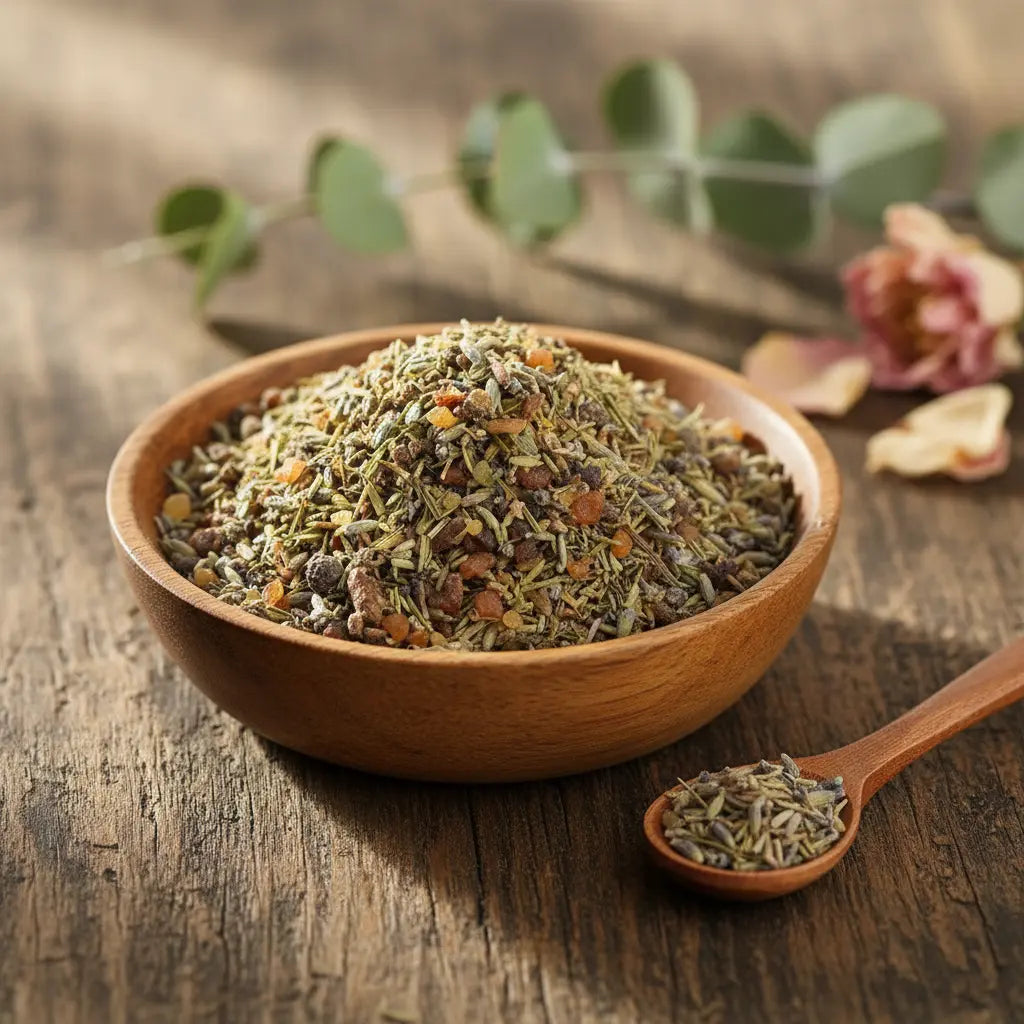 Mélange de résines d'oliban et de plantes séchées pour la purification dans un bol en bois, avec une cuillère assortie, des pétales de rose et de l'eucalyptus.