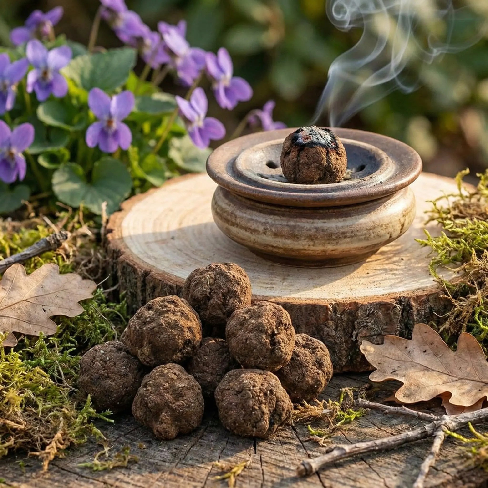 Boules d’encens brunes sur souche de bois, avec porte-encens en céramique et boule fumante, décor de mousse et fleurs.